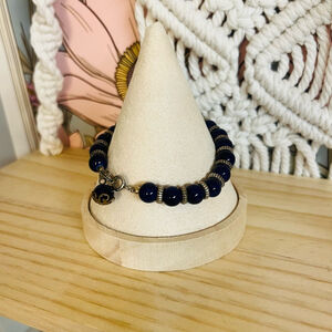 Vintage Navy Blue Beaded Bracelet Glass Silver‎ Toned Metal Spacer Beads